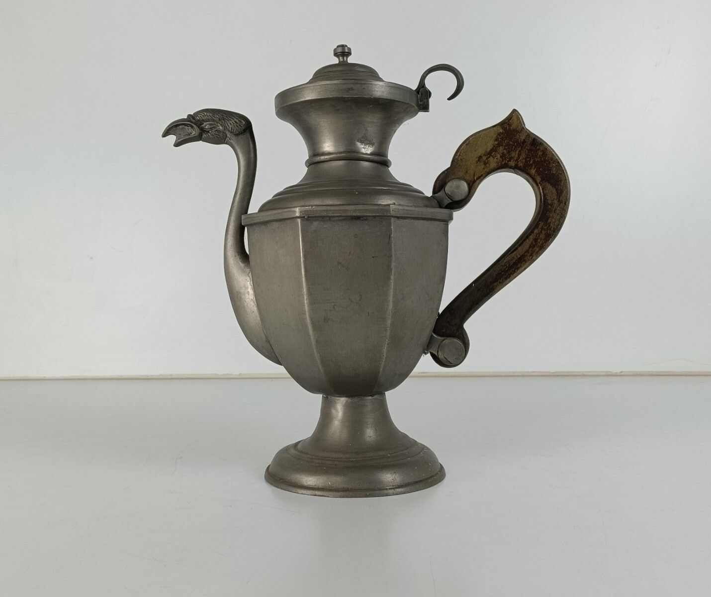 Antique Art Nouveau Spelter Gothic Ewer Pitcher Dragon Wooden Handle photo furniture