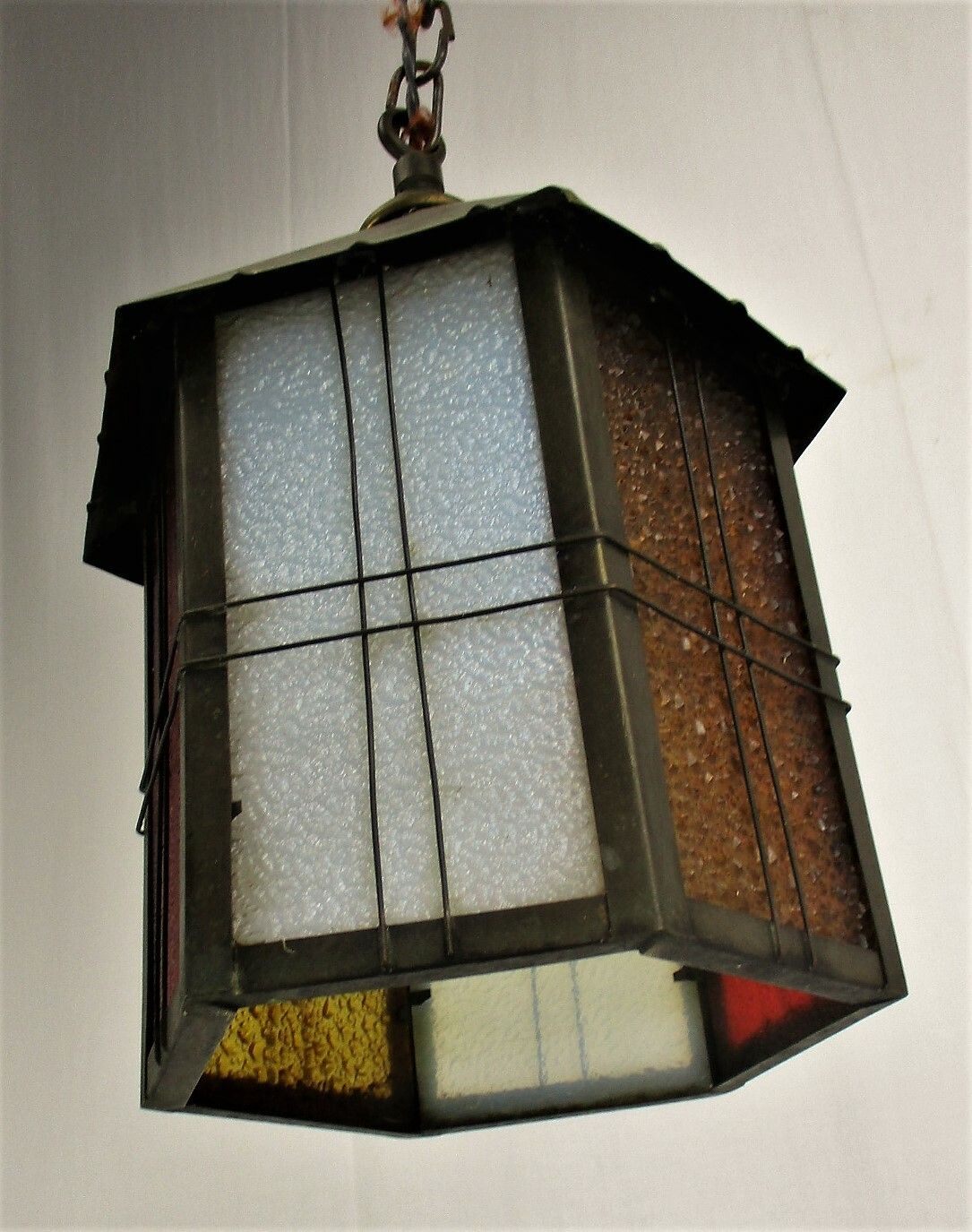 Art Deco French Lantern Pendant Chandelier Iron Bubbled Colored Glass Htf photo Lighting