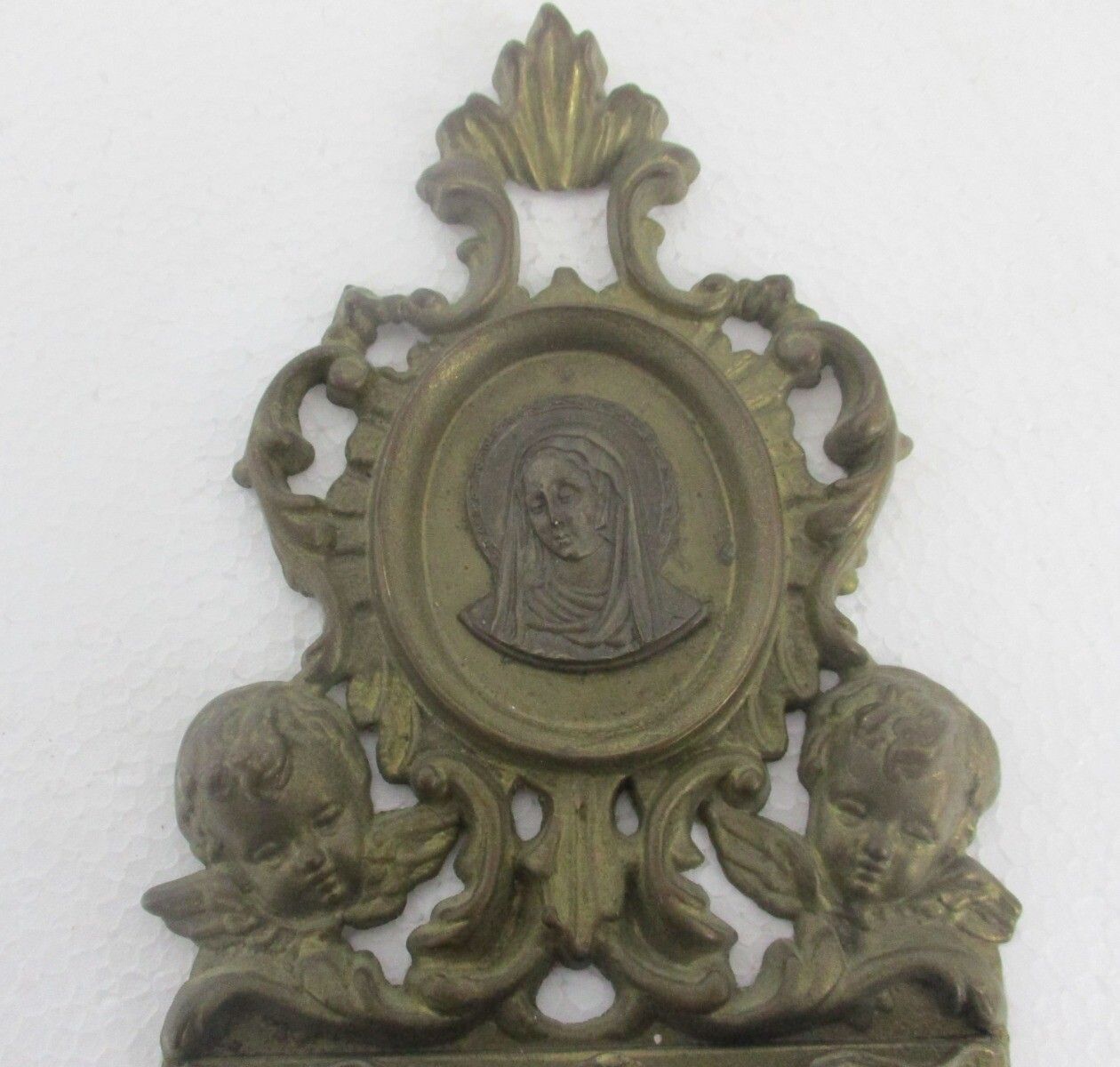 Brass Embossed Holy Water Font Holy Mother Virgin Mary Madonna  Angels Wall Hang photo for sale