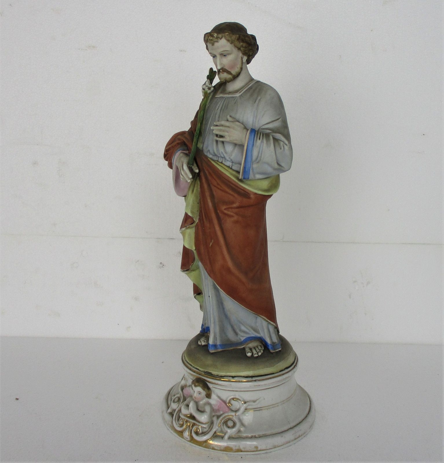 Antique Porcelain Bisque Statue Saint Joseph Angel Lilies Protector Of Homes Pol photo vinterior