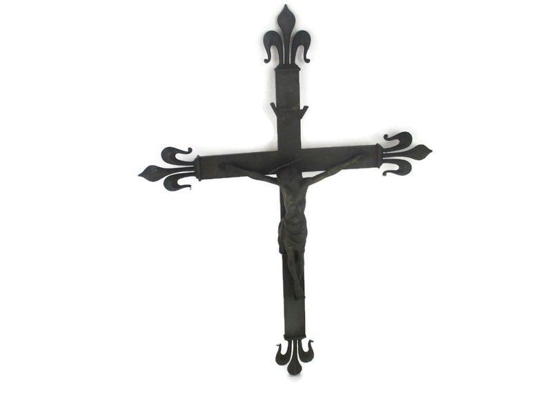 Large  Hanging Wall Crucifix Completely Brass Corpus French Fleur De Lis Chapel