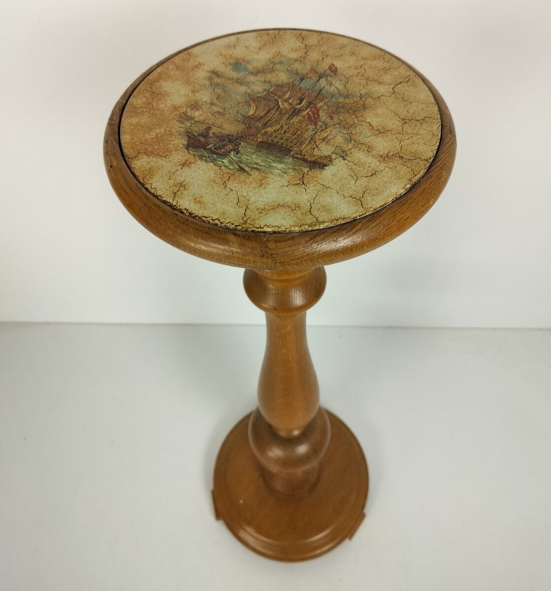 Vintage Pedestal Carved Wood Ceramic Tile Top Boat Side Table Plant Stand Farmho photo for sale