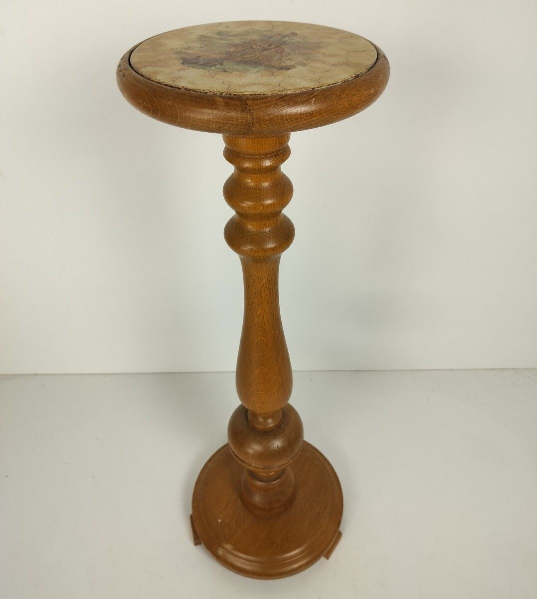 Vintage Pedestal Carved Wood Ceramic Tile Top Boat Side Table Plant Stand Farmho photo 182.0