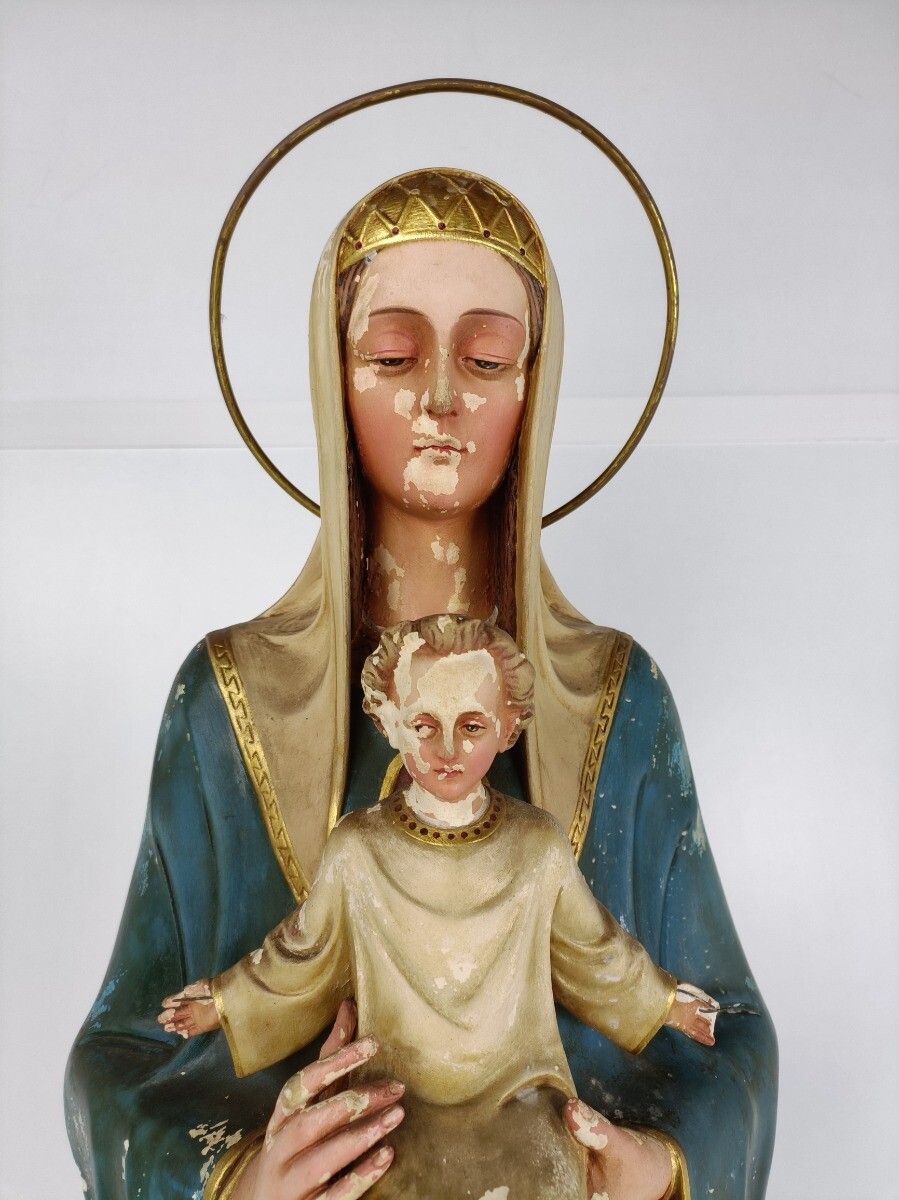 Large Statue Madonna With Infant Church Plaster Mater Amabilis Antique Neo Gothi photo Art