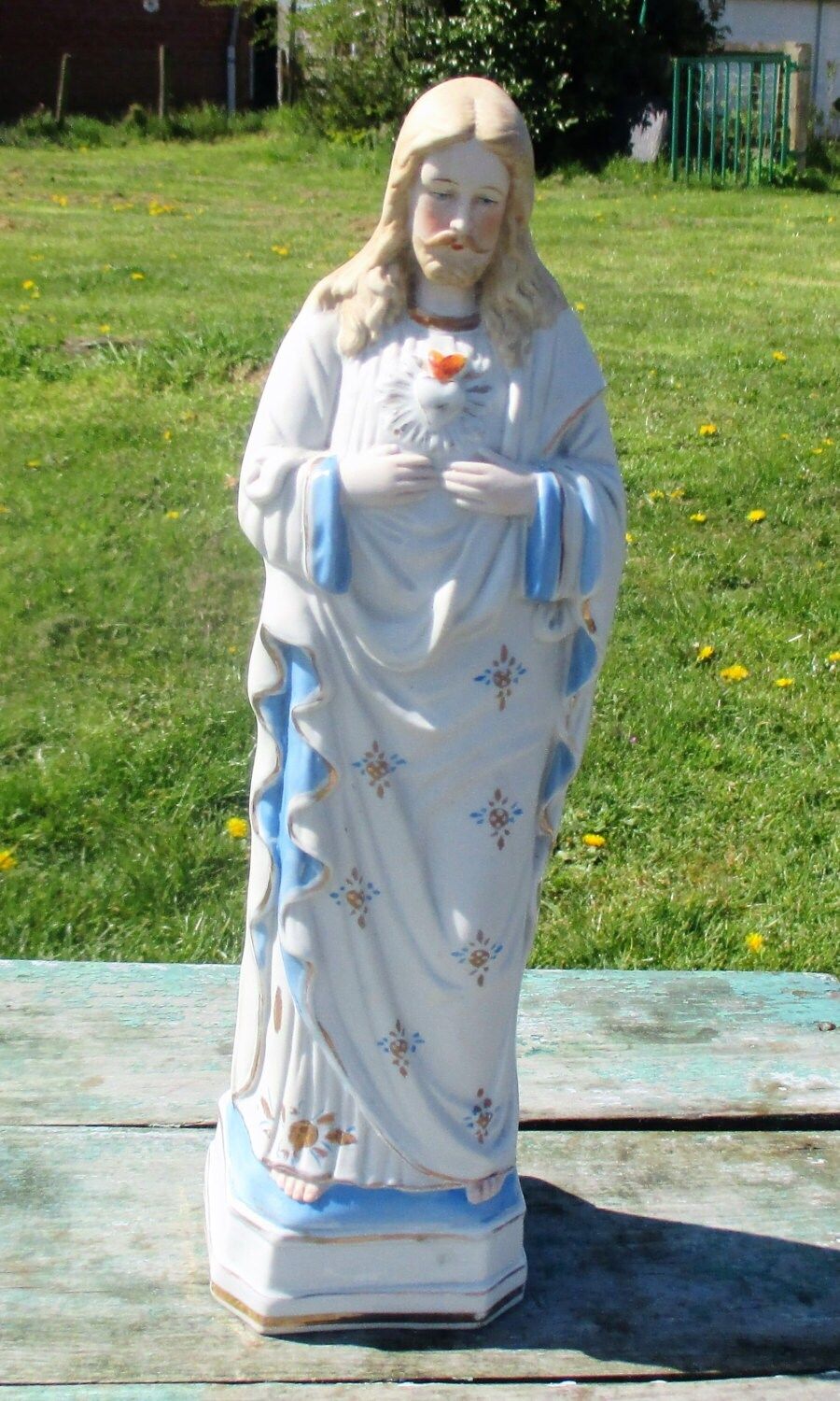 Lovely Antique Holy Heart Jesus Christ Porcelain French Polychrome Statuette photo furniture