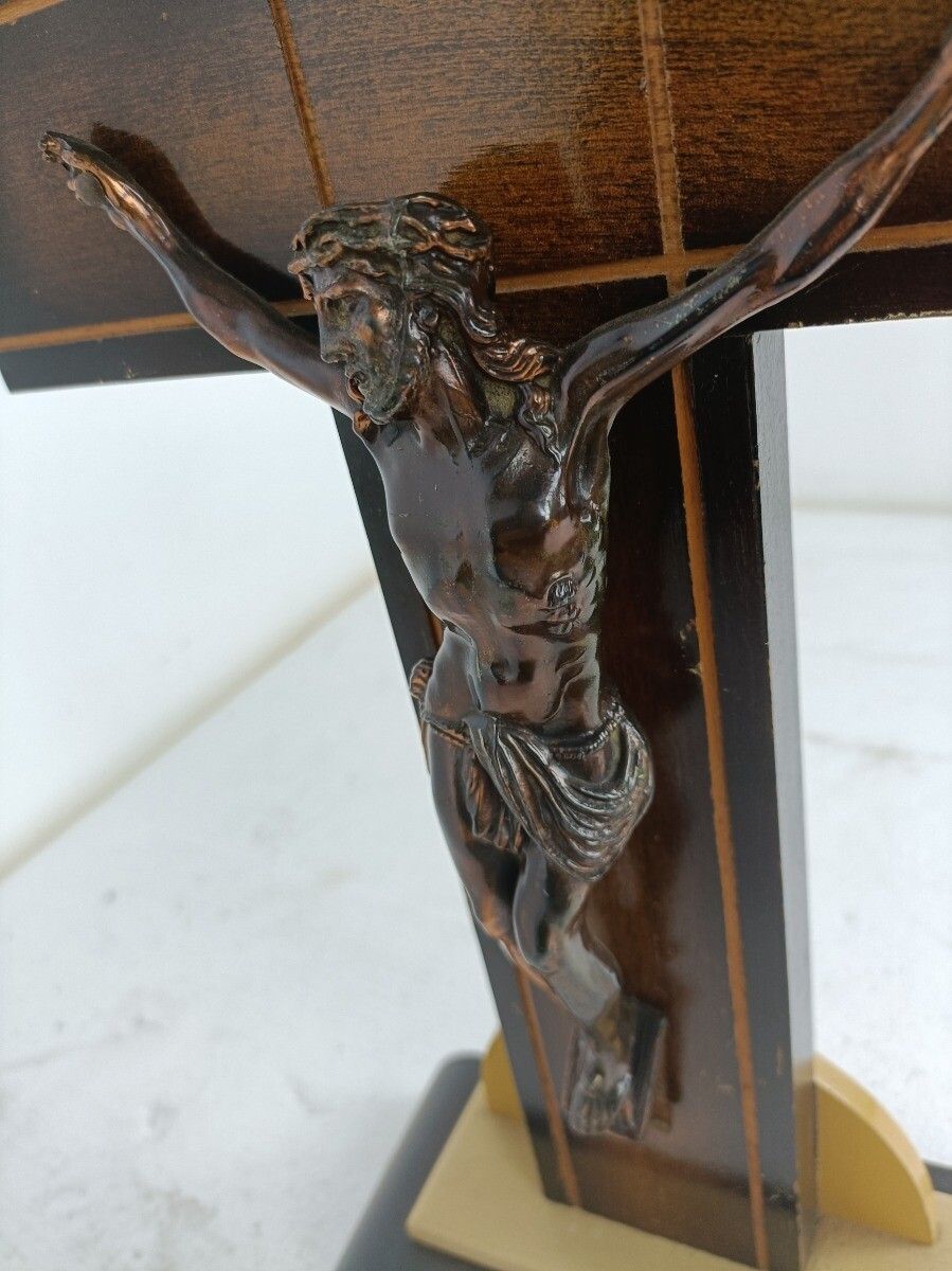 Art Deco Standing Crucifix Two Toned Wood Cross Jesus Christ Antique Beautiful photo Art