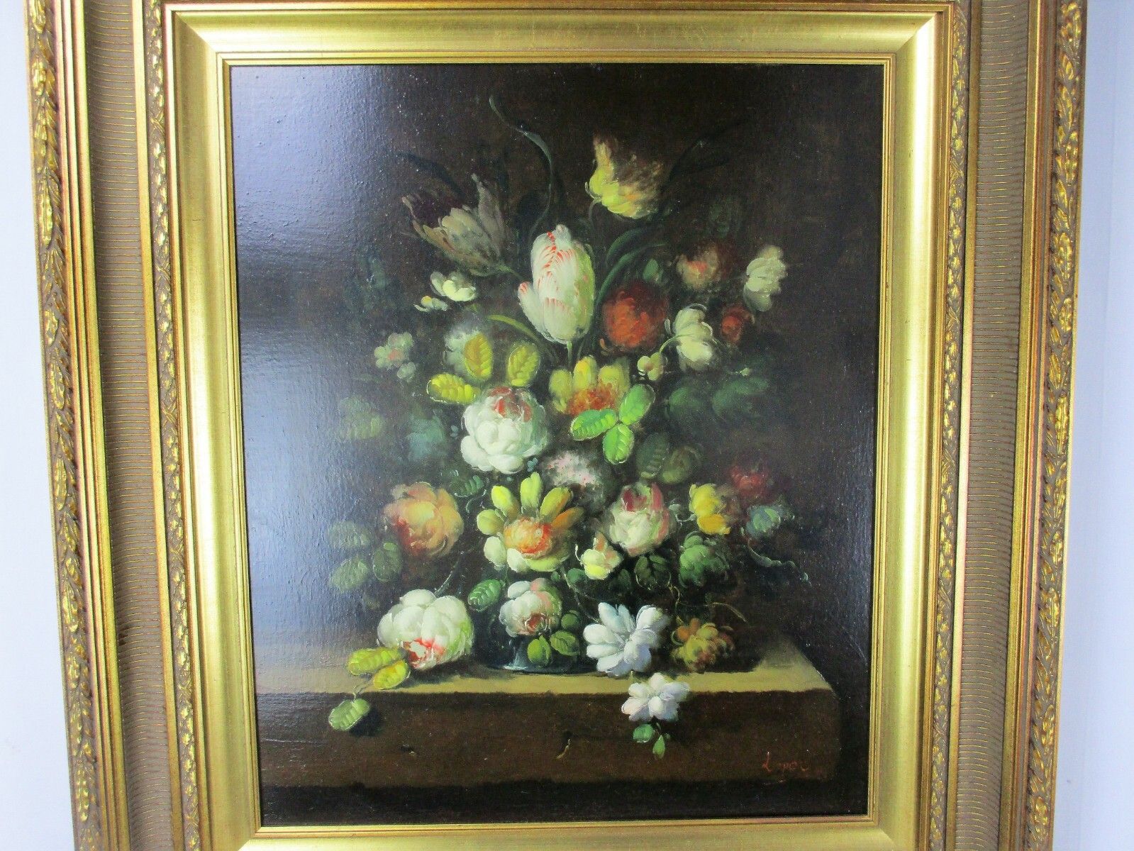 Oil Painting  Canvas Framed Gorgeous Frame Signed Lopez Still Life Bouquet photo furniture