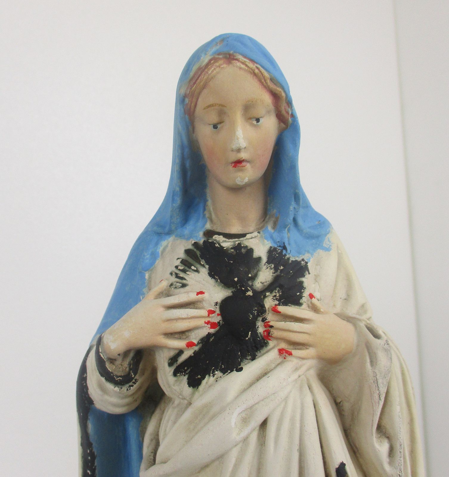 Pair Antique Statues  Jesus Christ Savior Sacred Heart Virgin Mary Madonna photo for sale