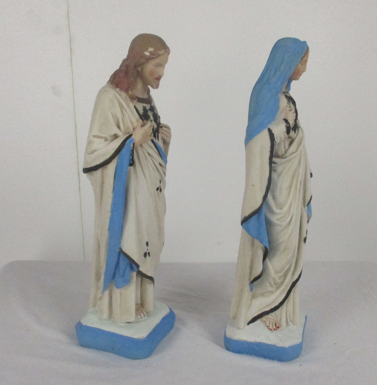Pair Antique Statues  Jesus Christ Savior Sacred Heart Virgin Mary Madonna photo Art