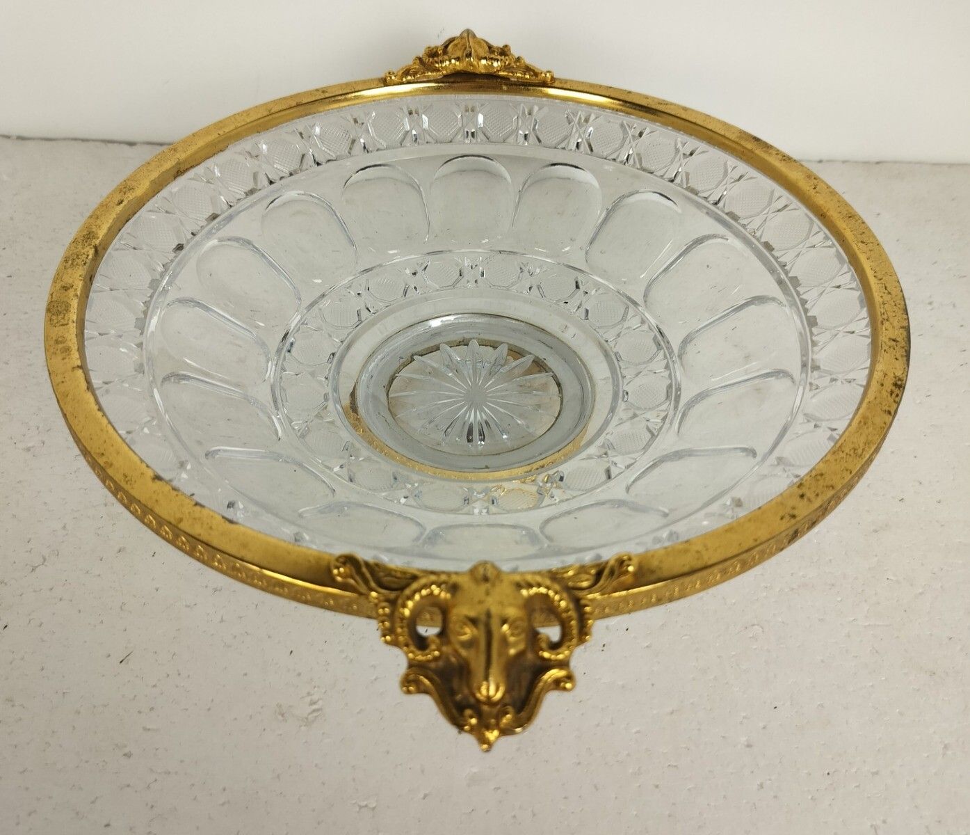 Vintage Stylish Dish Centerpiece Crystal Brass Handles Ramsheads photo 81.0