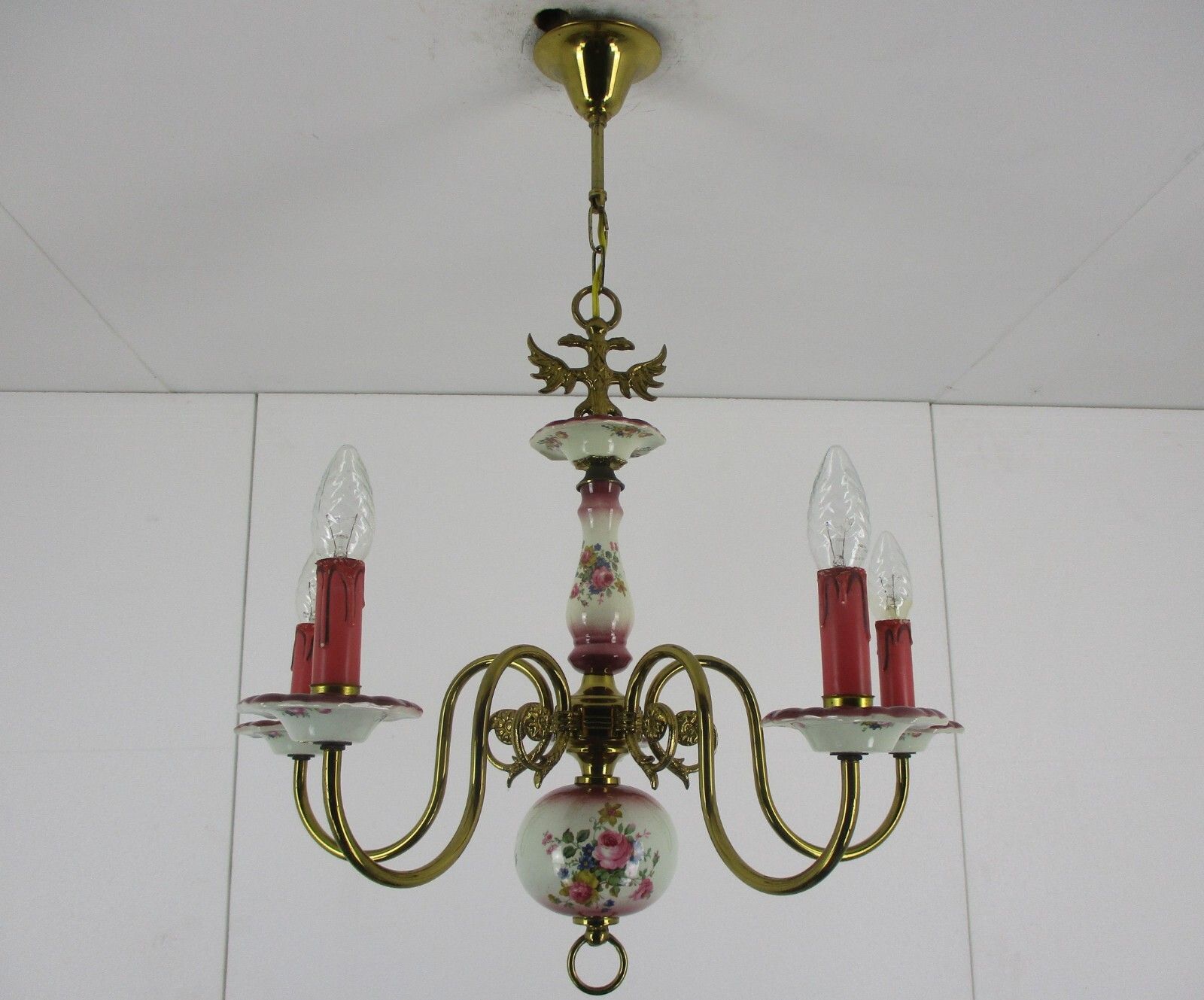 Chandelier 5 Arm Lights Italian  Porcelain Flowers Ornate Brass Mid Century photo vintage