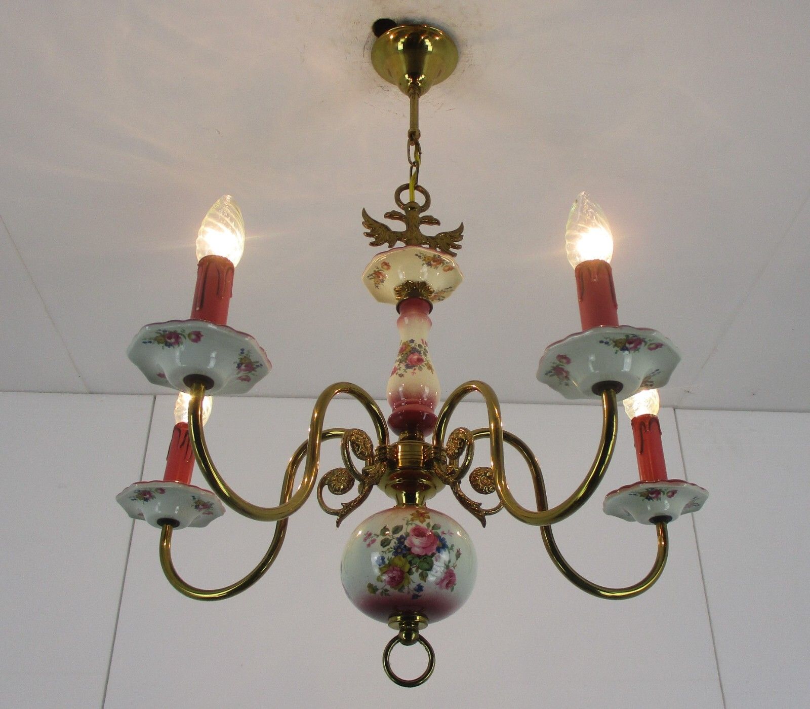 photo for sale Chandelier 5 Arm Lights Italian  Porcelain Flowers Ornate Brass Mid Century