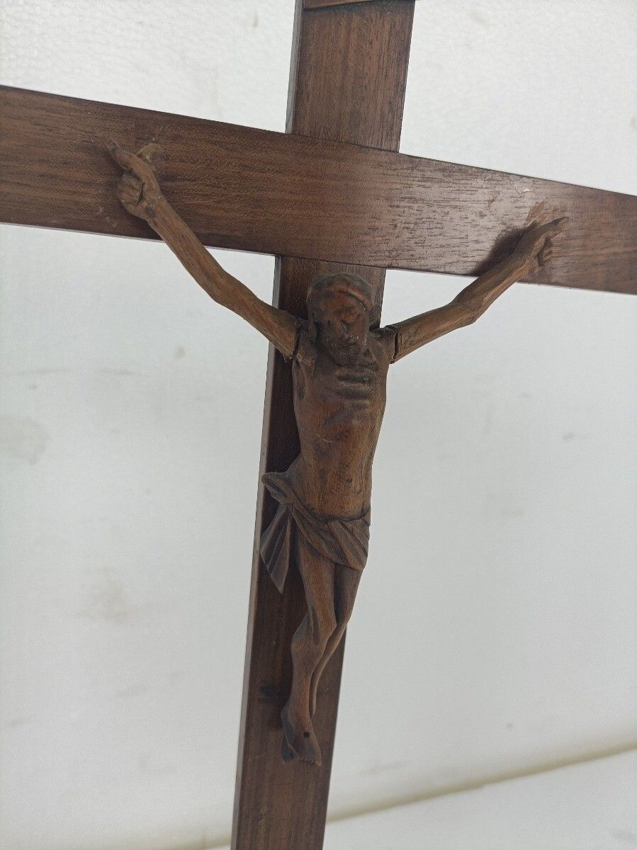 Standing Crucifix Cross Hand Carved Wood  Art Piece Corpus French Magnificent photo Art