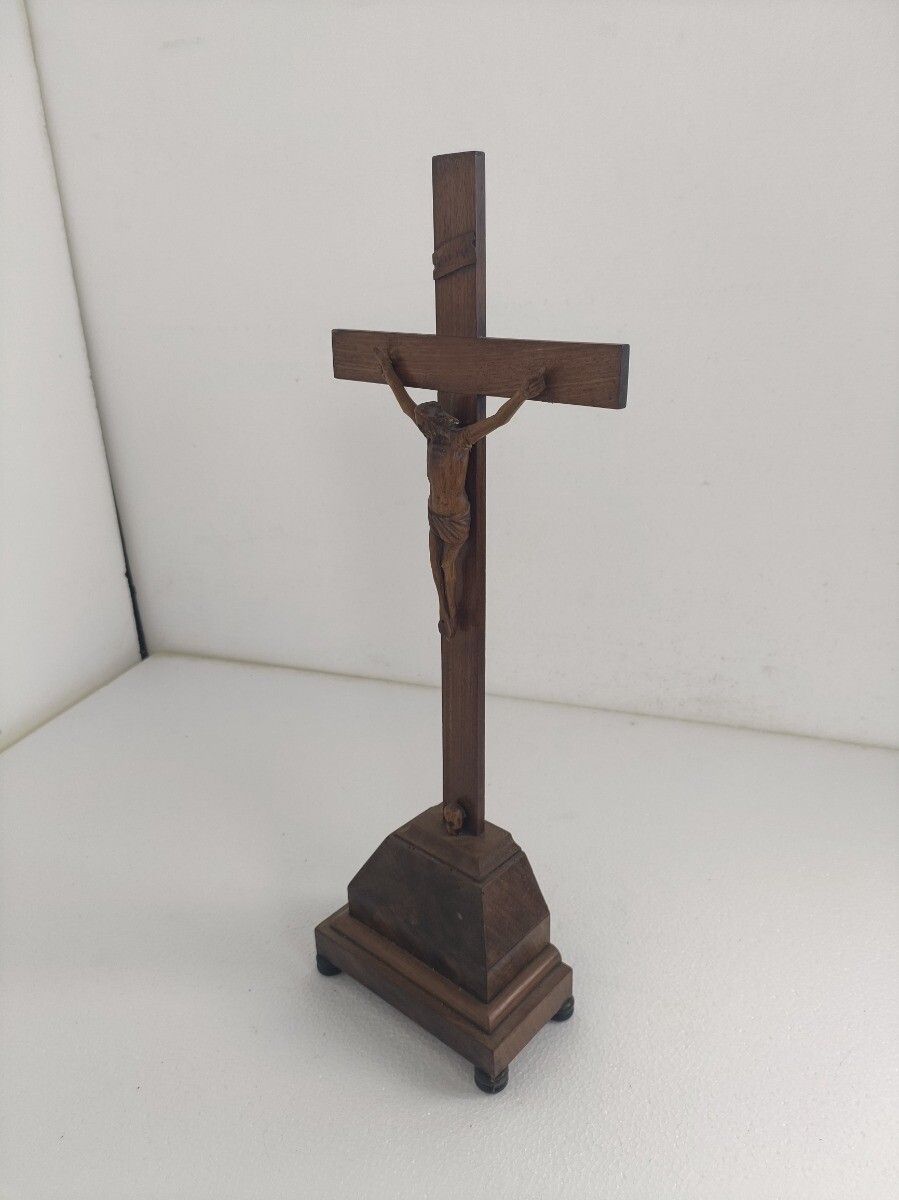 Art Standing Crucifix Cross Hand Carved Wood  Art Piece Corpus French Magnificent photo