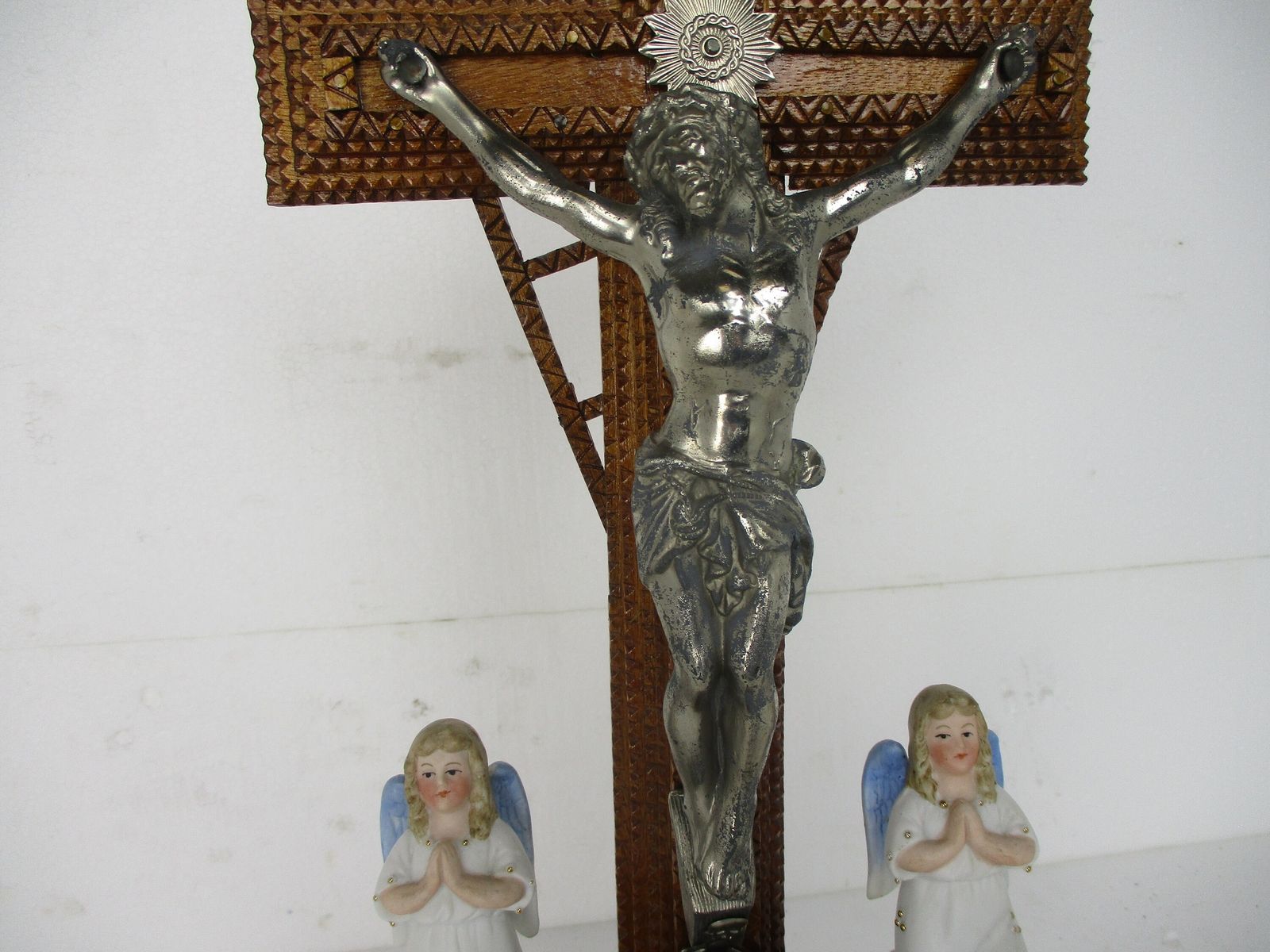 Standing Crucifix Corpus Christi Hand Carved Wood Bisque Angels Folk Art Angels photo for sale