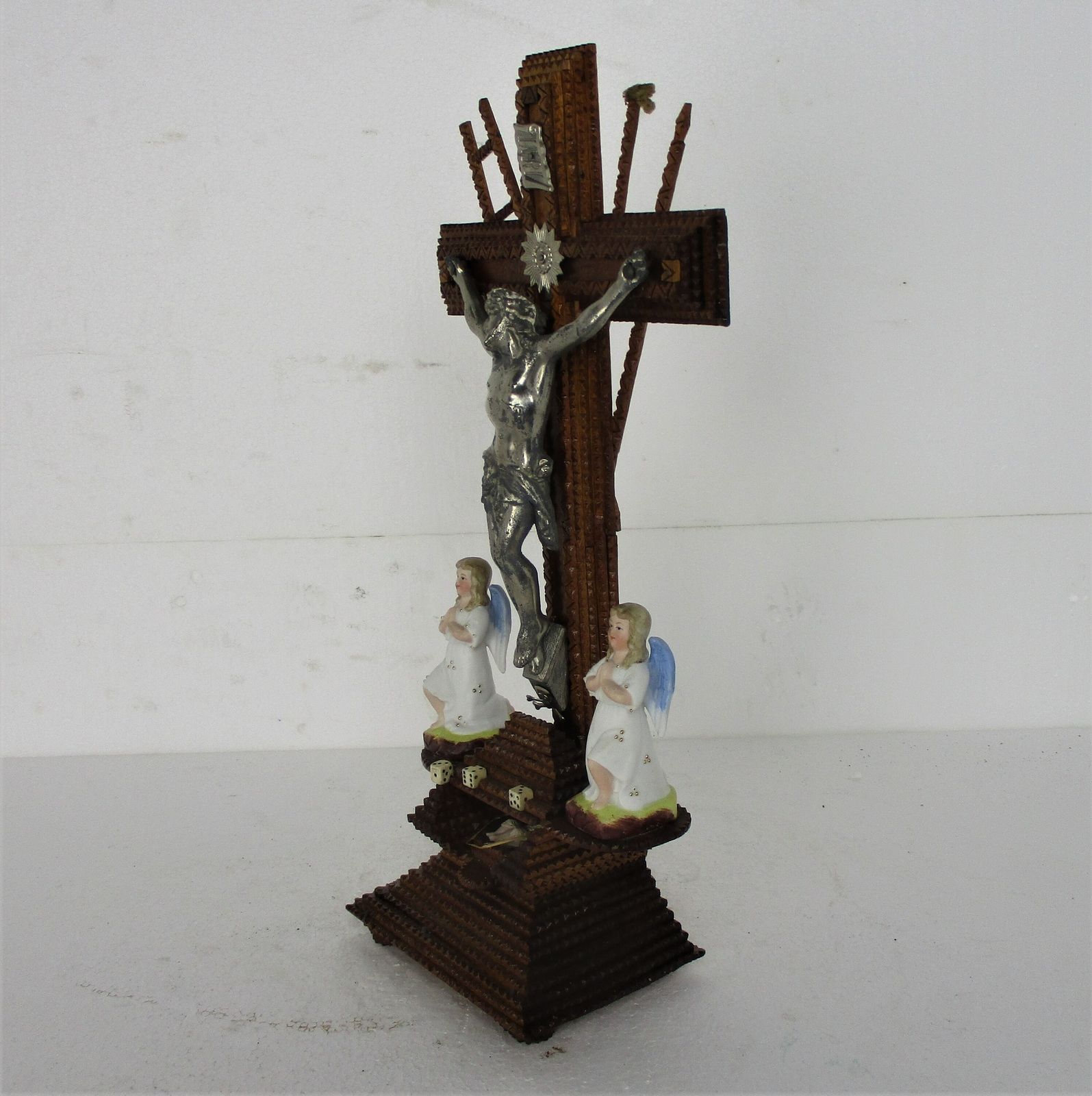 Standing Crucifix Corpus Christi Hand Carved Wood Bisque Angels Folk Art Angels photo buy