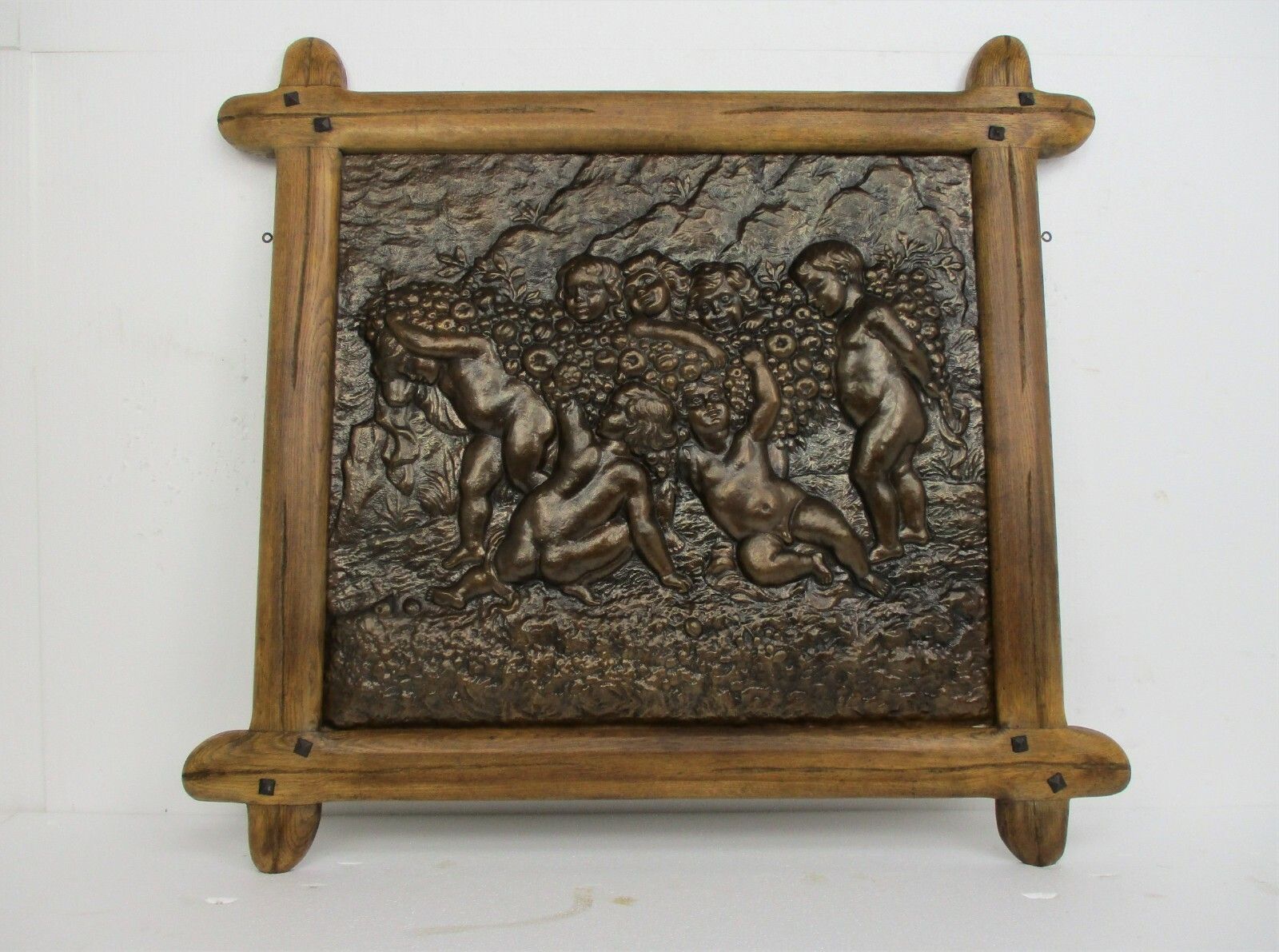 Hammered Copper Framed Wood Ornate Wall Decor Plaque Putti Cherubs Grapes Lovely photo 404.0