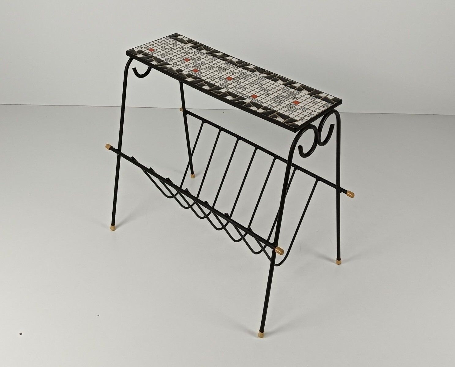 Vintage Wrought Iron Mid Century Magazine Rack Newspaper Basket Side Table Mosai photo vinterior