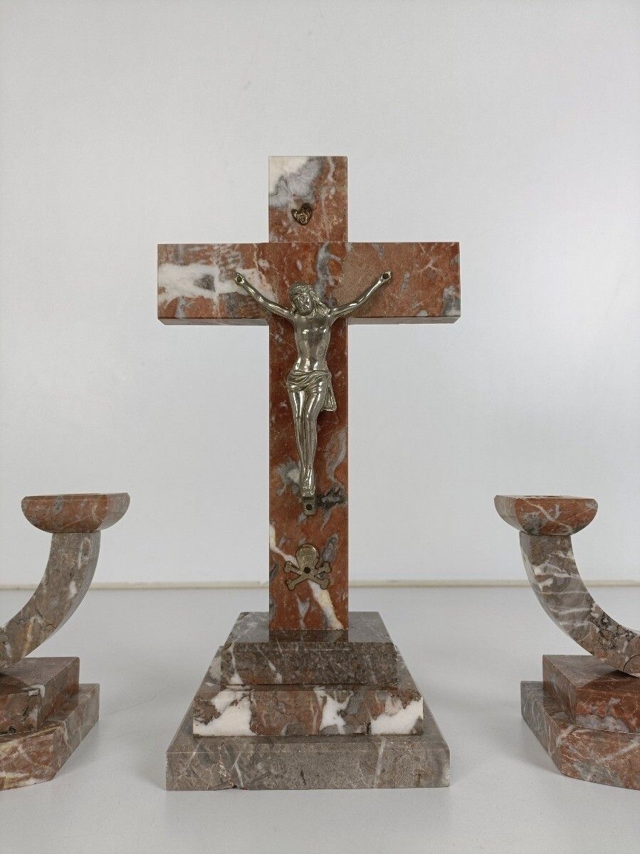 Art Deco Altar Set Standing Crucifx Two Candle Holders Marble Onyx Antique Gorge photo for sale