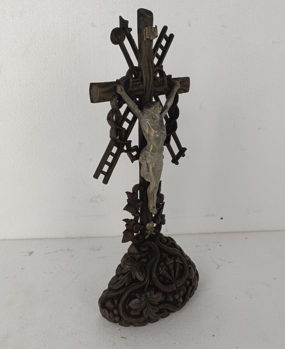Xl  Standing Hand Carved Wooden Crucifix Tools Of Passion Cross Antique Gorgeous photo 485.0