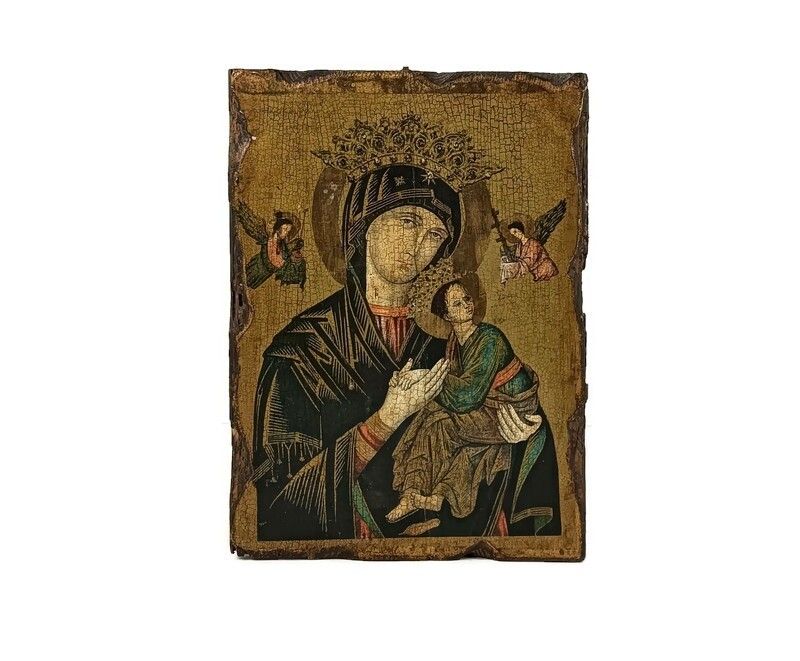 Vintage Wooden Icon  Perpetual Help Print On Wood Infant Child Madonna