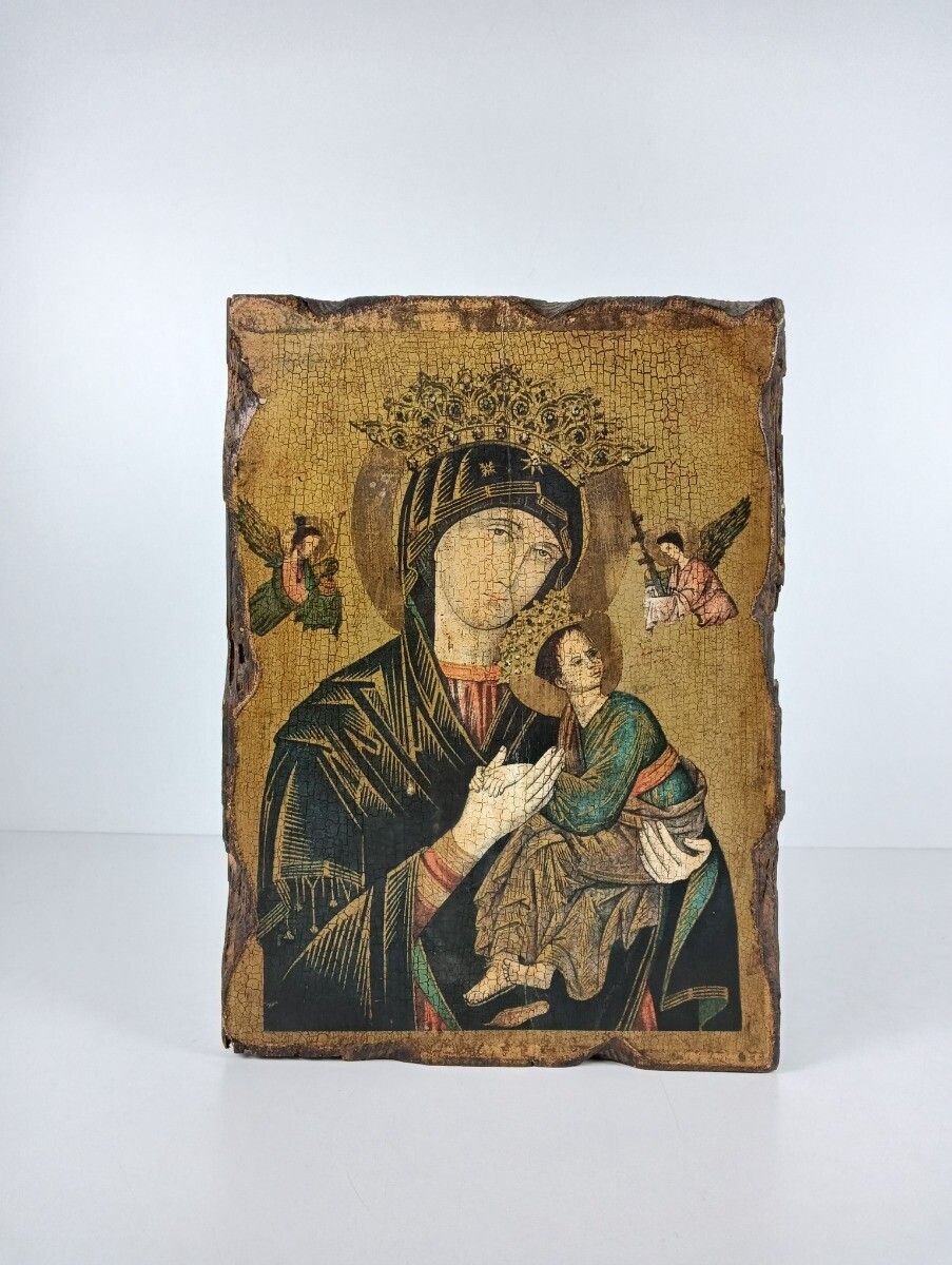 Vintage Wooden Icon  Perpetual Help Print On Wood Infant Child Madonna photo furniture