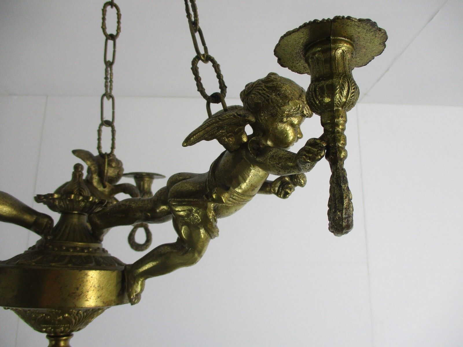 French Bronze Chandelier 3 Lights Arms Putti Cherub Hollywood Regency Romantic photo Lighting