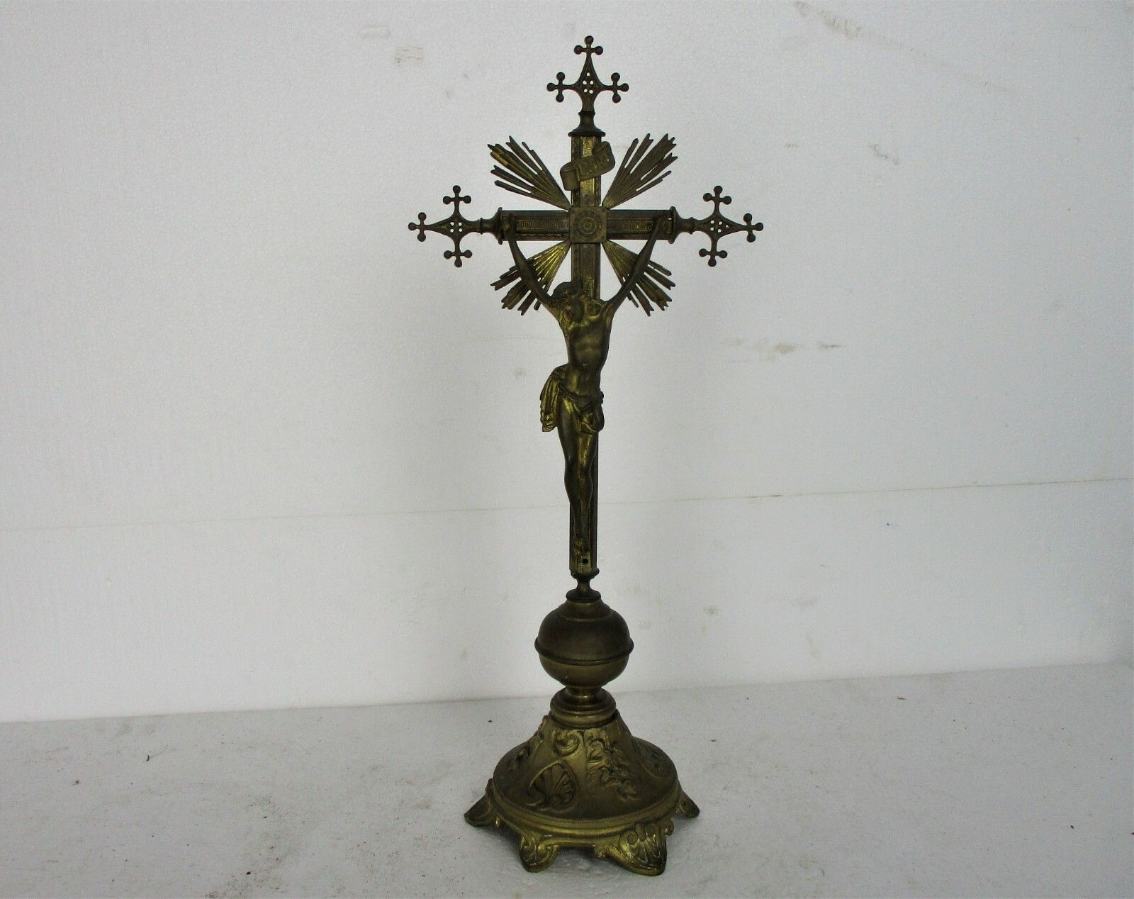 Antique Standing Crucifix Corpus Christi Jesus Christ Calvary Ornate Brass Cross photo furniture