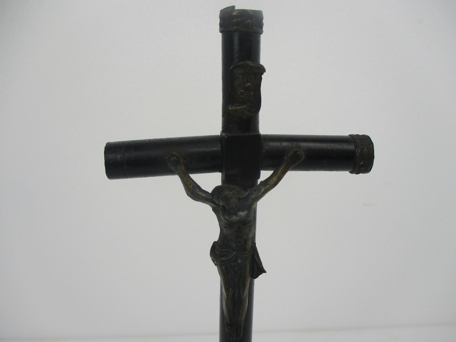 Antique Dark Carved Wood Table Standing Crucifix Round Base Brass Corpus Snake W photo furniture