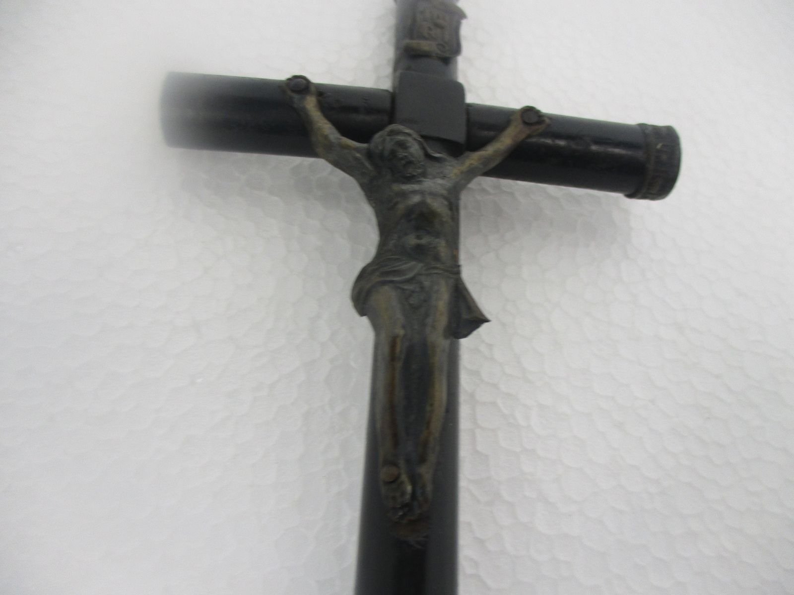 photo for sale Antique Dark Carved Wood Table Standing Crucifix Round Base Brass Corpus Snake W