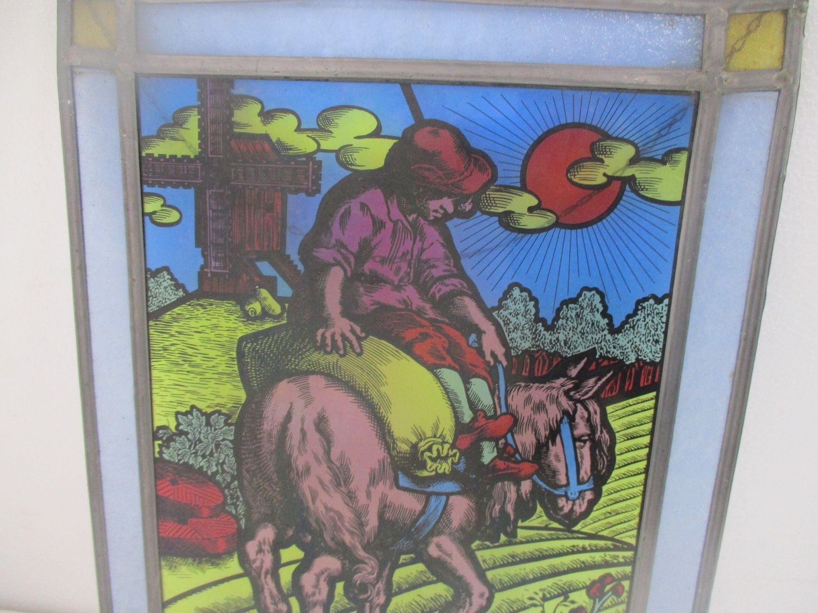 Vintage Stained Leaded Glass Art Panel Farmer On Donkey Windmill photo Art