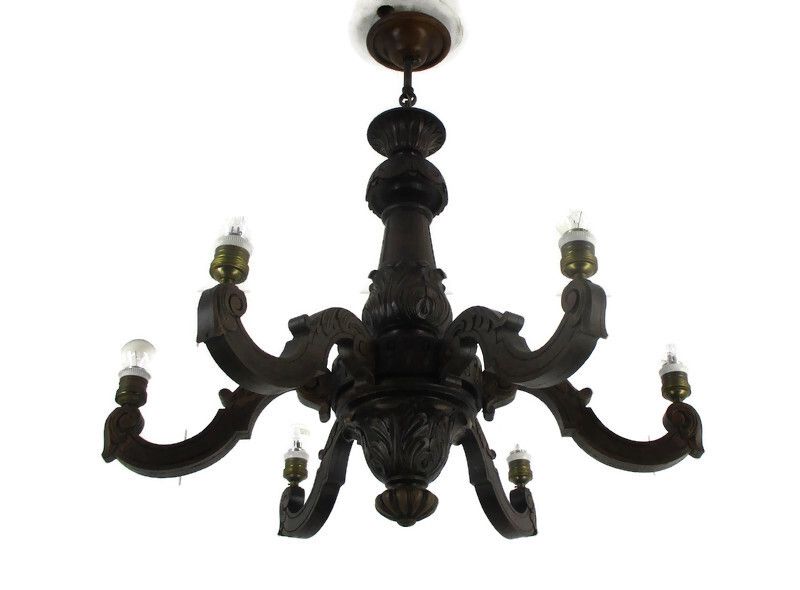 Hand Carved Wooden Chandelier Ornate 6 Arm Lights Mid Century Farmhouse Barn Sty
