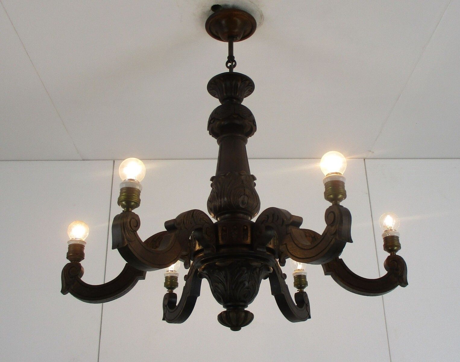 Hand Carved Wooden Chandelier Ornate 6 Arm Lights Mid Century Farmhouse Barn Sty photo furniture