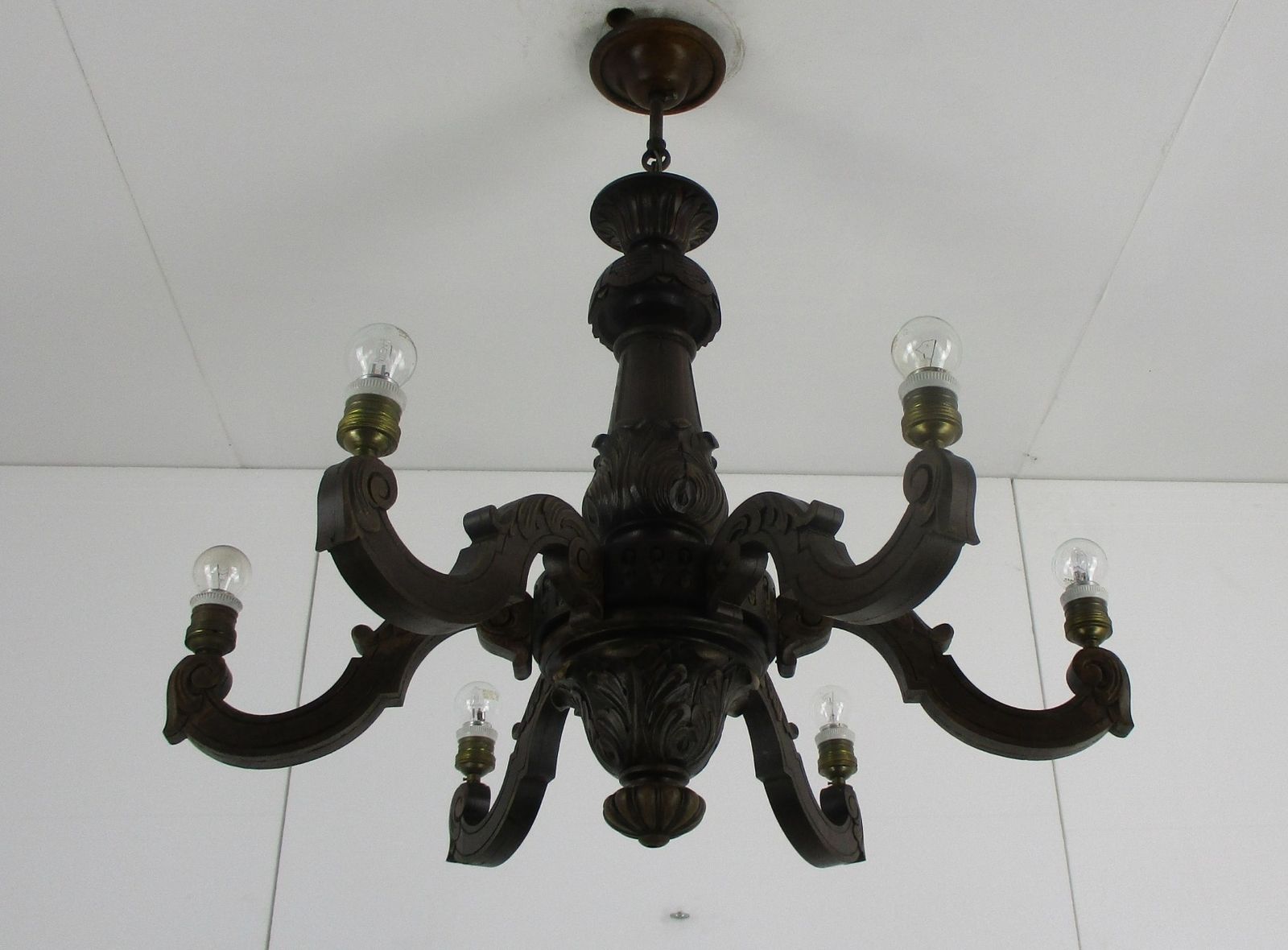 Hand Carved Wooden Chandelier Ornate 6 Arm Lights Mid Century Farmhouse Barn Sty photo for sale