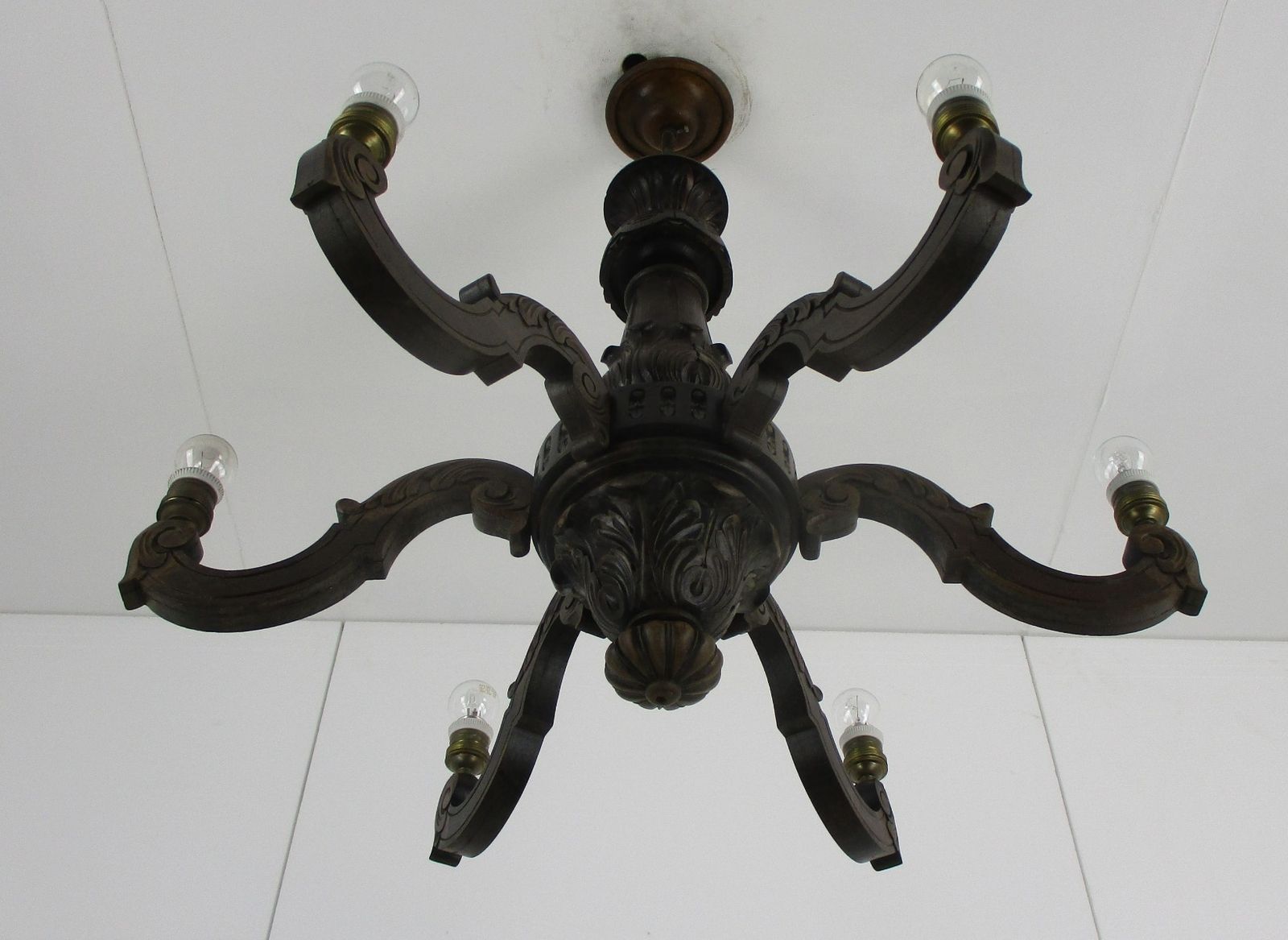 Hand Carved Wooden Chandelier Ornate 6 Arm Lights Mid Century Farmhouse Barn Sty photo buy
