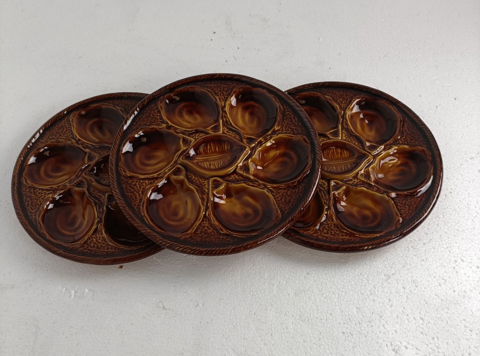 St Clement Set Of 3 French Oyster Plates  Brown Faiance Porcelain  Vintage photo Home Decor