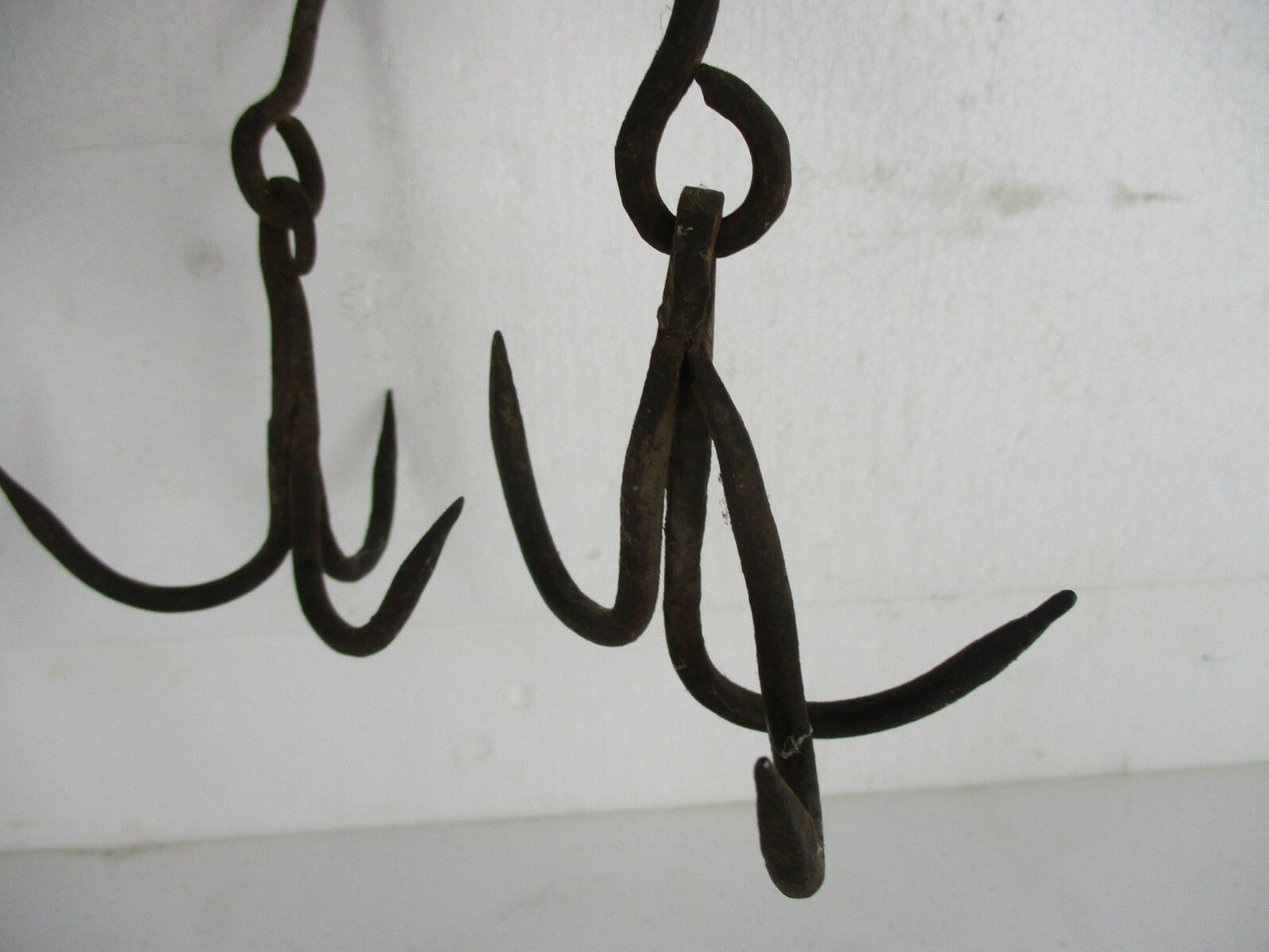 Antique Hanging Butcher Rack Cast Wrought Iron 4 Hooks French 18th C Barn Style photo vinterior