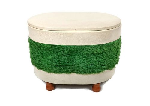 Vintage Retro Sewing Box Basket Worker Green Fabric White Plastic Quilting Knitt