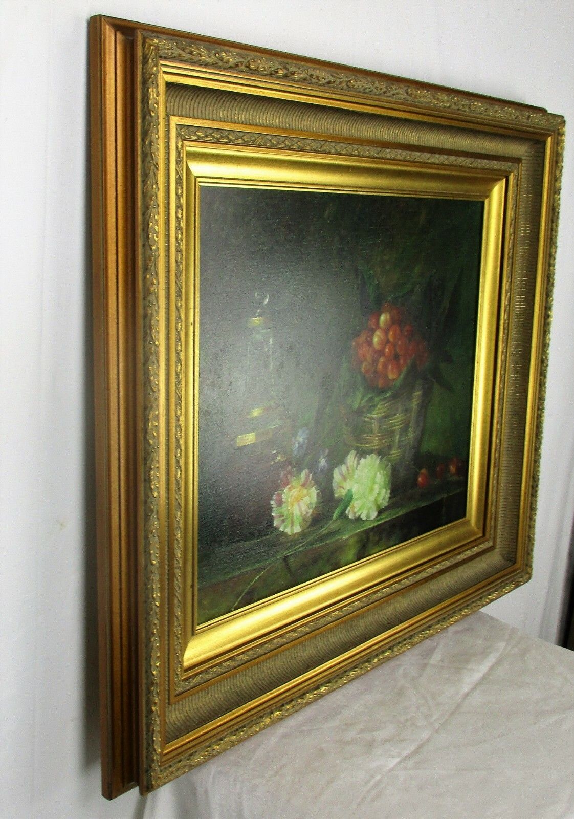 Large Oil Painting  Canvas Framed Gorgeous Frame Signed Still Life Bouquet photo vintage