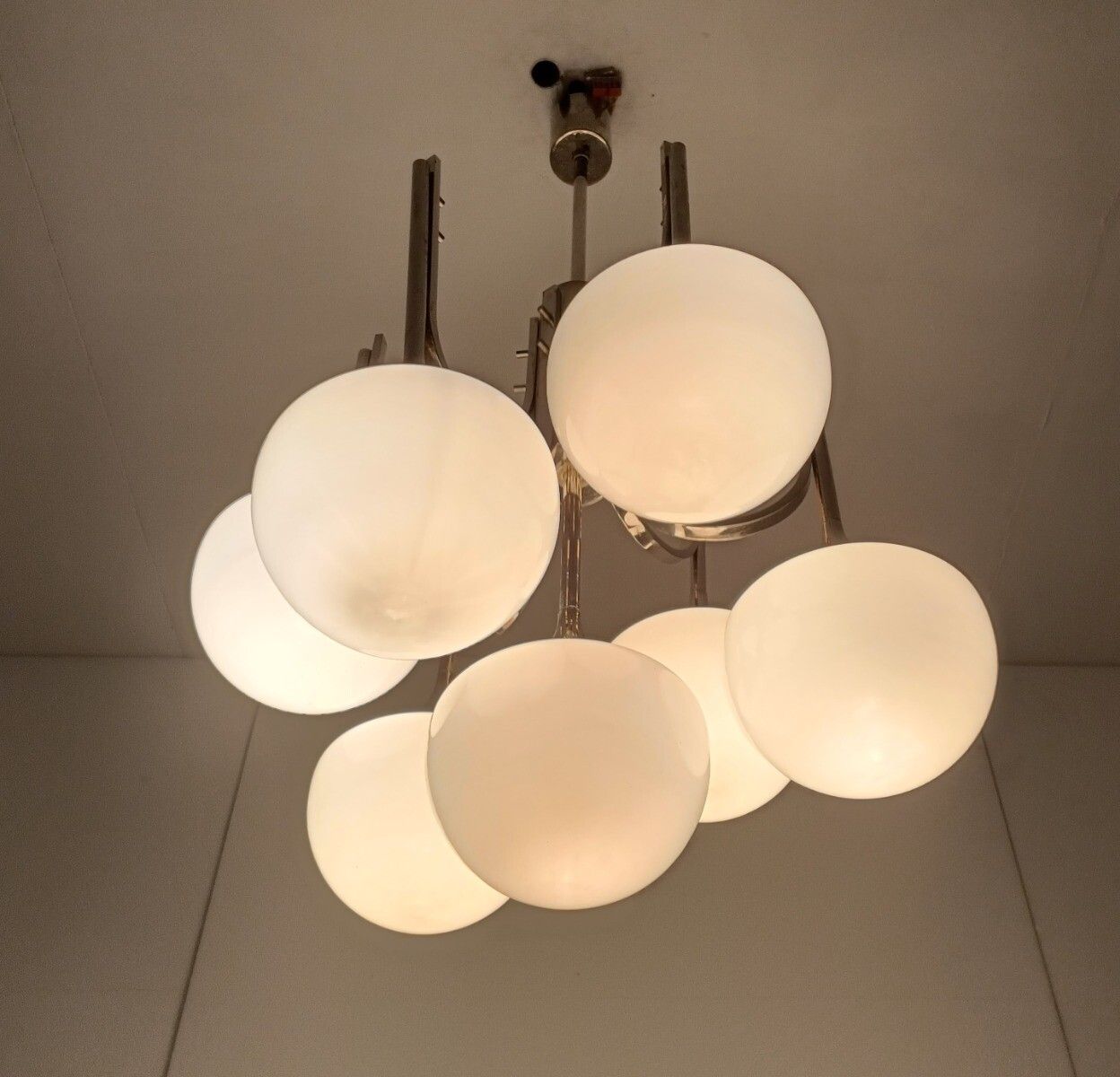 Mid Century Atomic Sputnik Trumpet Chrome Chandelier Opaline Shades Balls  Sciol photo furniture
