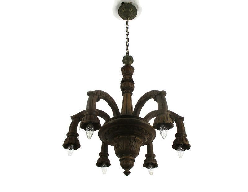 Hand Carved Wooden Spider Chandelier Ornate 6 Arm Lights Barn Country Farmhouse