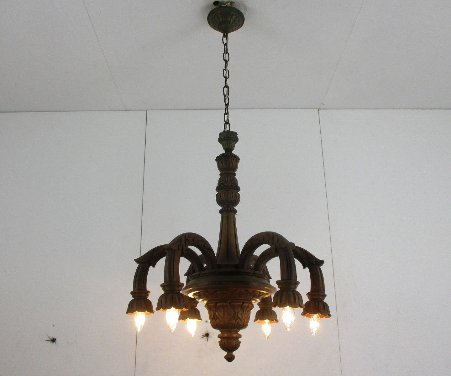 Hand Carved Wooden Spider Chandelier Ornate 6 Arm Lights Barn Country Farmhouse photo for sale