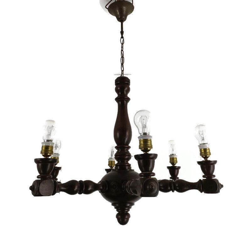 Art Deco Style Hand Carved Wooden Chandelier 6 Arm 6 Lights Vintage Barn Farmhou