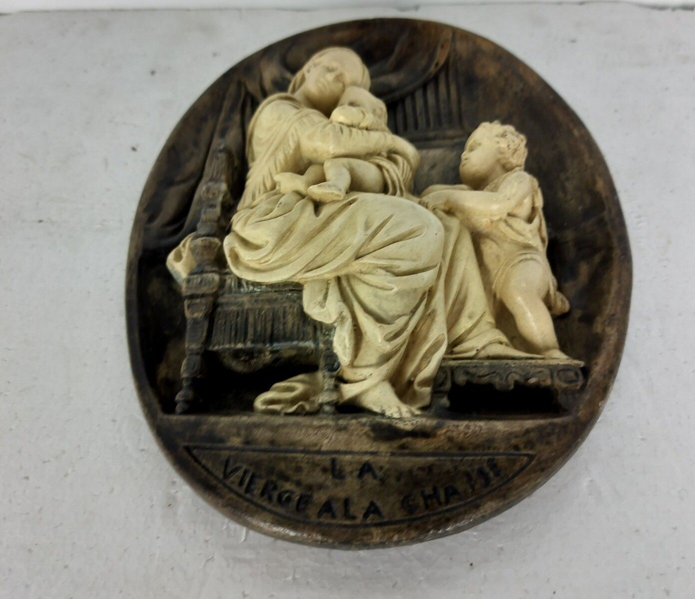La Vierge A La Chaise Plaster Wall Hanging Virgin Mary Infant Jesus John The Bap photo for sale