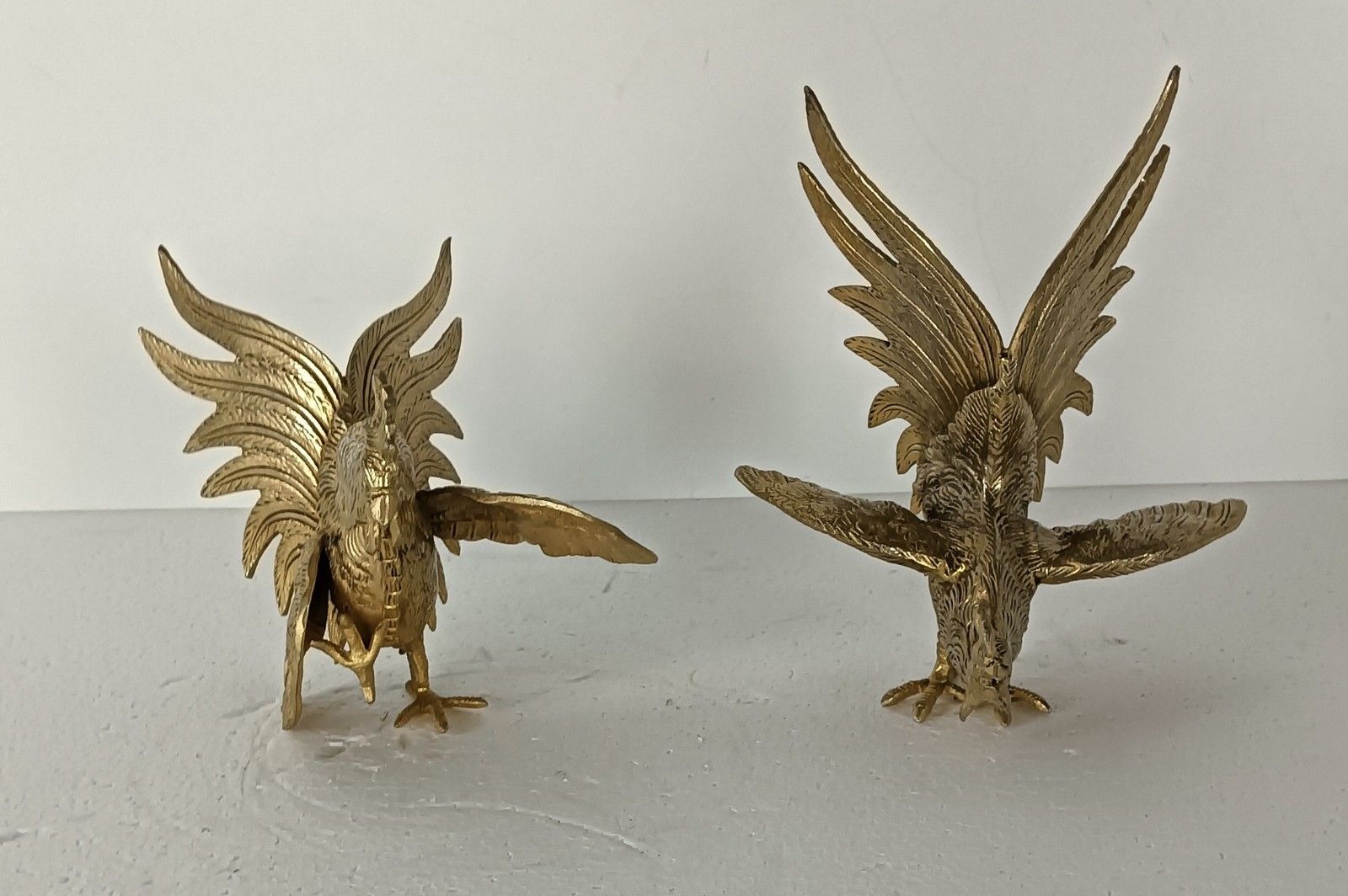 Couple Fighting Rooster Cocks Gold Colored Brass Mid Century Modern Figurines photo furniture