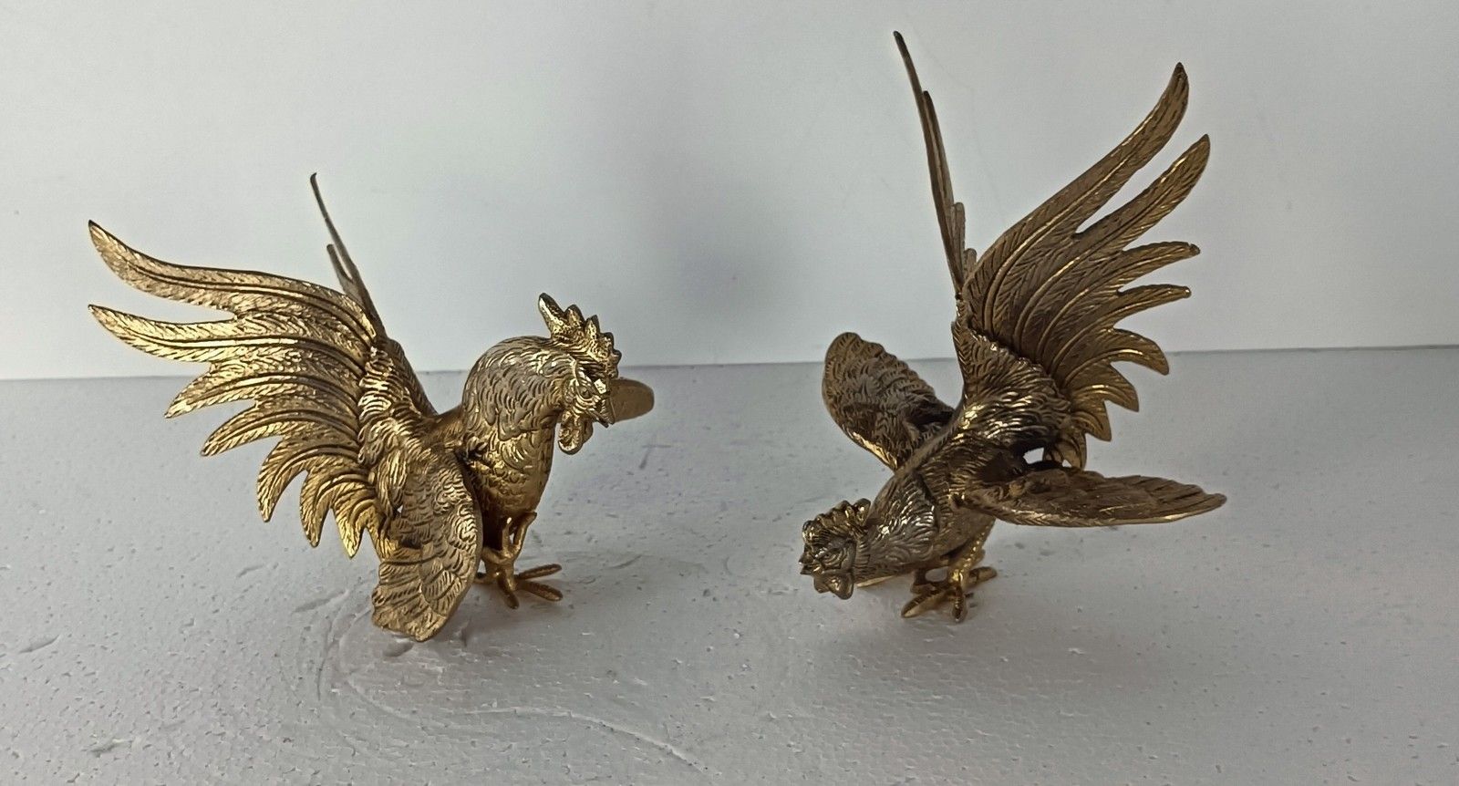 Couple Fighting Rooster Cocks Gold Colored Brass Mid Century Modern Figurines photo for sale