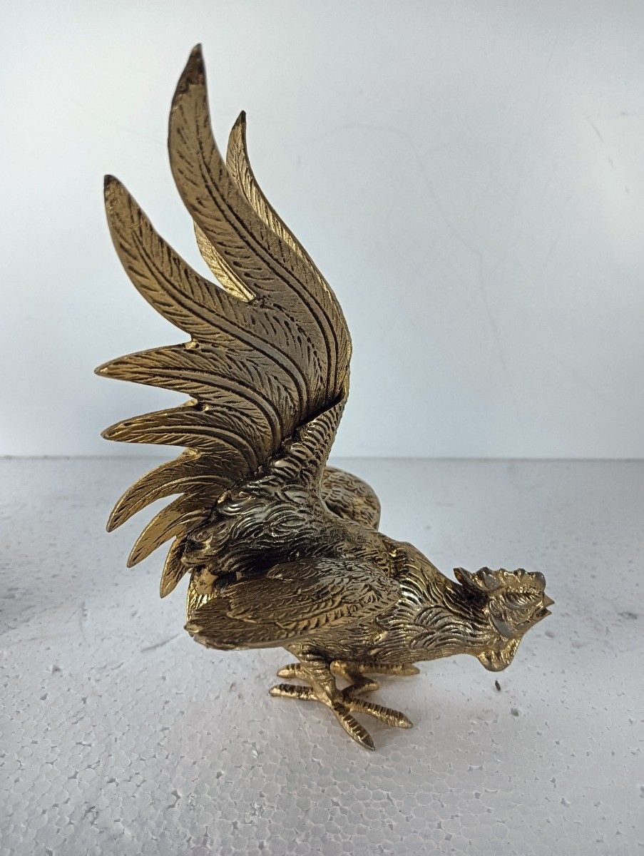 Couple Fighting Rooster Cocks Gold Colored Brass Mid Century Modern Figurines photo buy