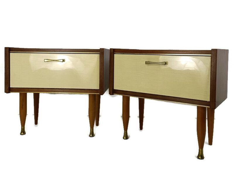 Pair Couple Vintage Teak Nightstands End Tables Mid Century Modern Modernist Two