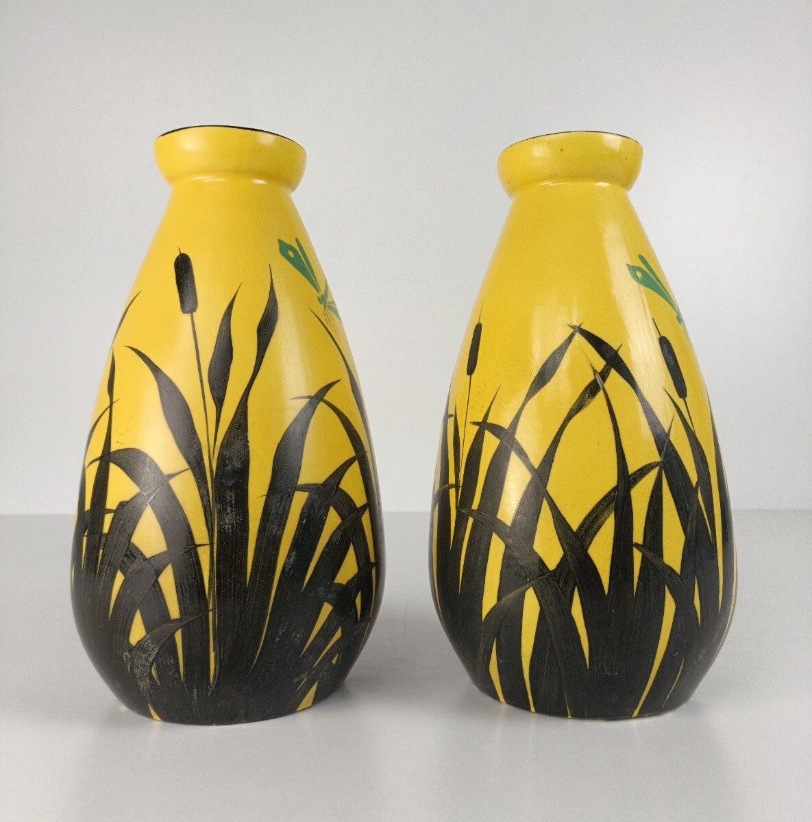 Pair Antique Art Deco Vases Hand Painted Auguste Mouzin La Majolique Wasmuel Bel photo Home Decor