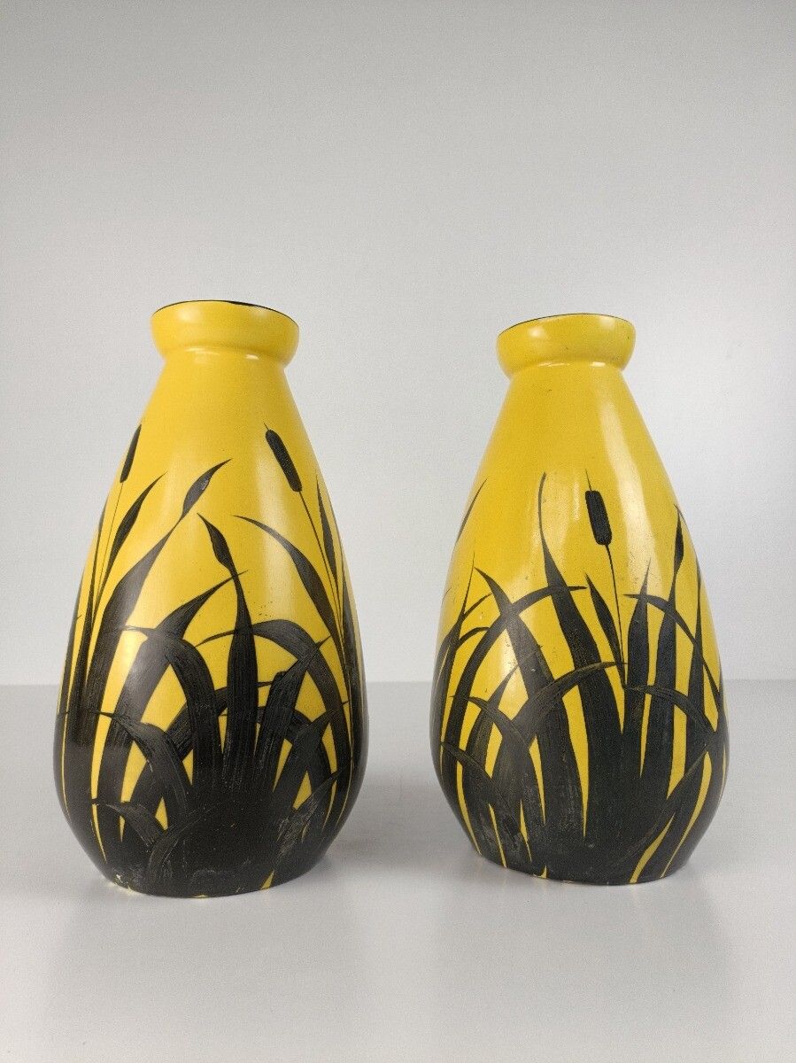Pair Antique Art Deco Vases Hand Painted Auguste Mouzin La Majolique Wasmuel Bel photo 768.0
